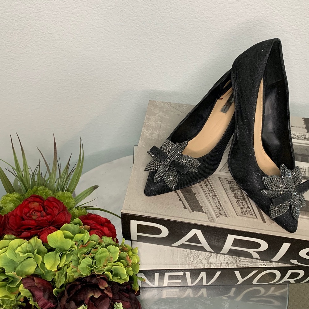 ANTONIO MELANI  Black shimmer pumps with glitter bows